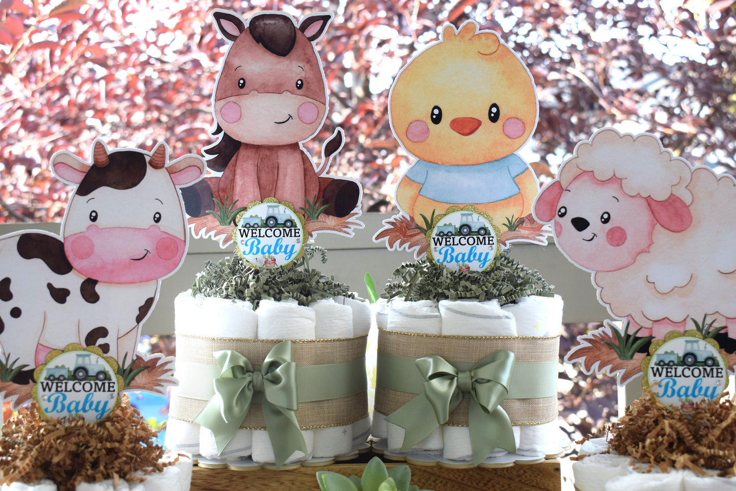 Farm Animal Mini Diaper Cake Set, Gender Reveal Barn Baby Shower, Baby Shower Centerpieces Decorations, Room Nursery, New Mom Gifts - S0008