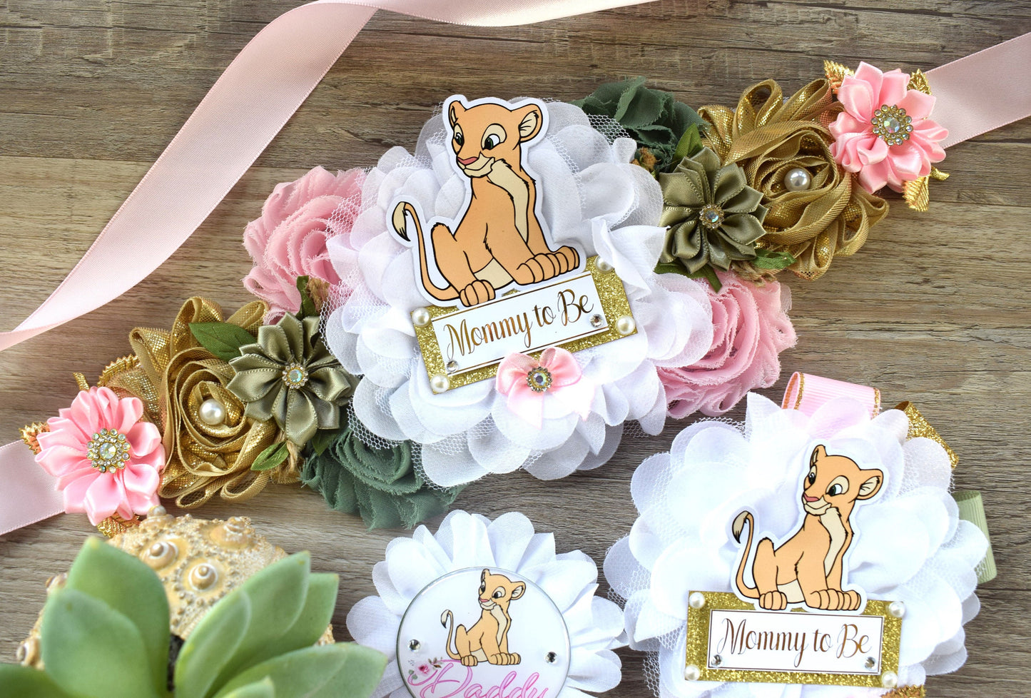 Nala Baby Shower Set, Maternity Sash, Pink Nala Maternity Sash, Lion Mommy To Be Ribbon, Daddy To Be Pin, Nala Baby Shower Gift, Custom - Celebrations By Cris