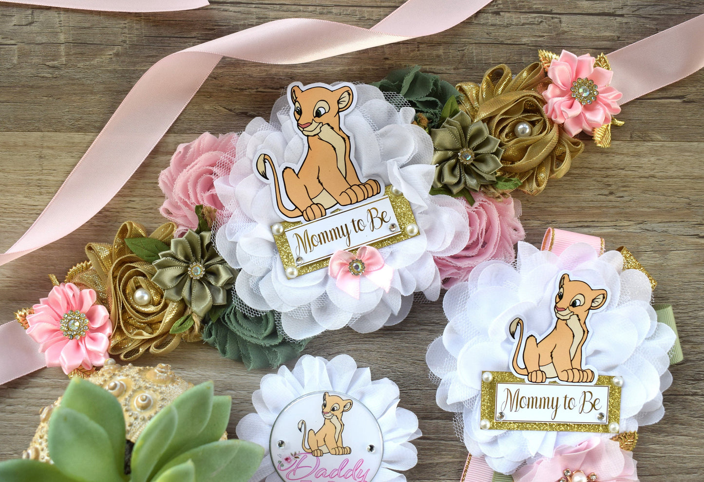 Nala Baby Shower Set, Maternity Sash, Pink Nala Maternity Sash, Lion Mommy To Be Ribbon, Daddy To Be Pin, Nala Baby Shower Gift, Custom - Celebrations By Cris