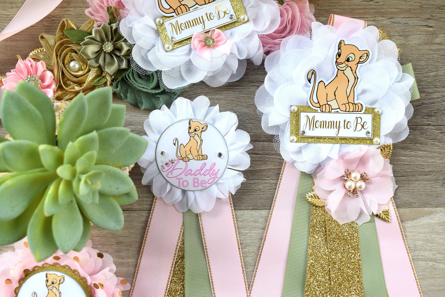 Nala Baby Shower Set, Maternity Sash, Pink Nala Maternity Sash, Lion Mommy To Be Ribbon, Daddy To Be Pin, Nala Baby Shower Gift, Custom - Celebrations By Cris