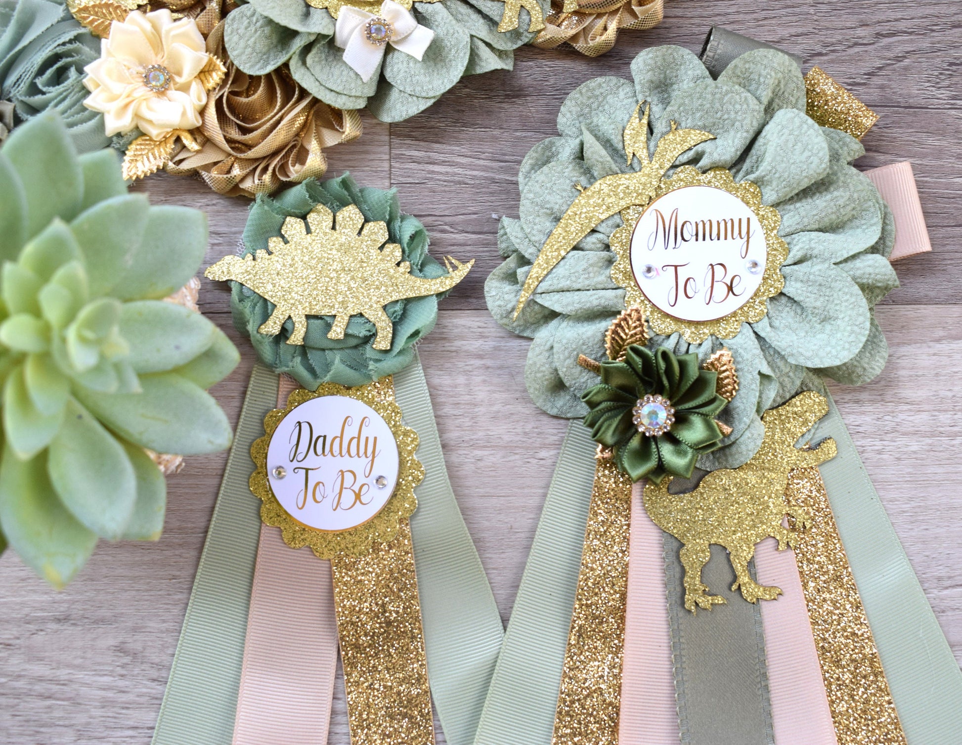 Gold Sage Dinosaur Baby Shower, Sage Green Gold Cream Mommy To Be Ribbon, Daddy To Be Pin, Greenery Gold Dinosaur Animals, Baby Shower Gift - Celebrations By Cris