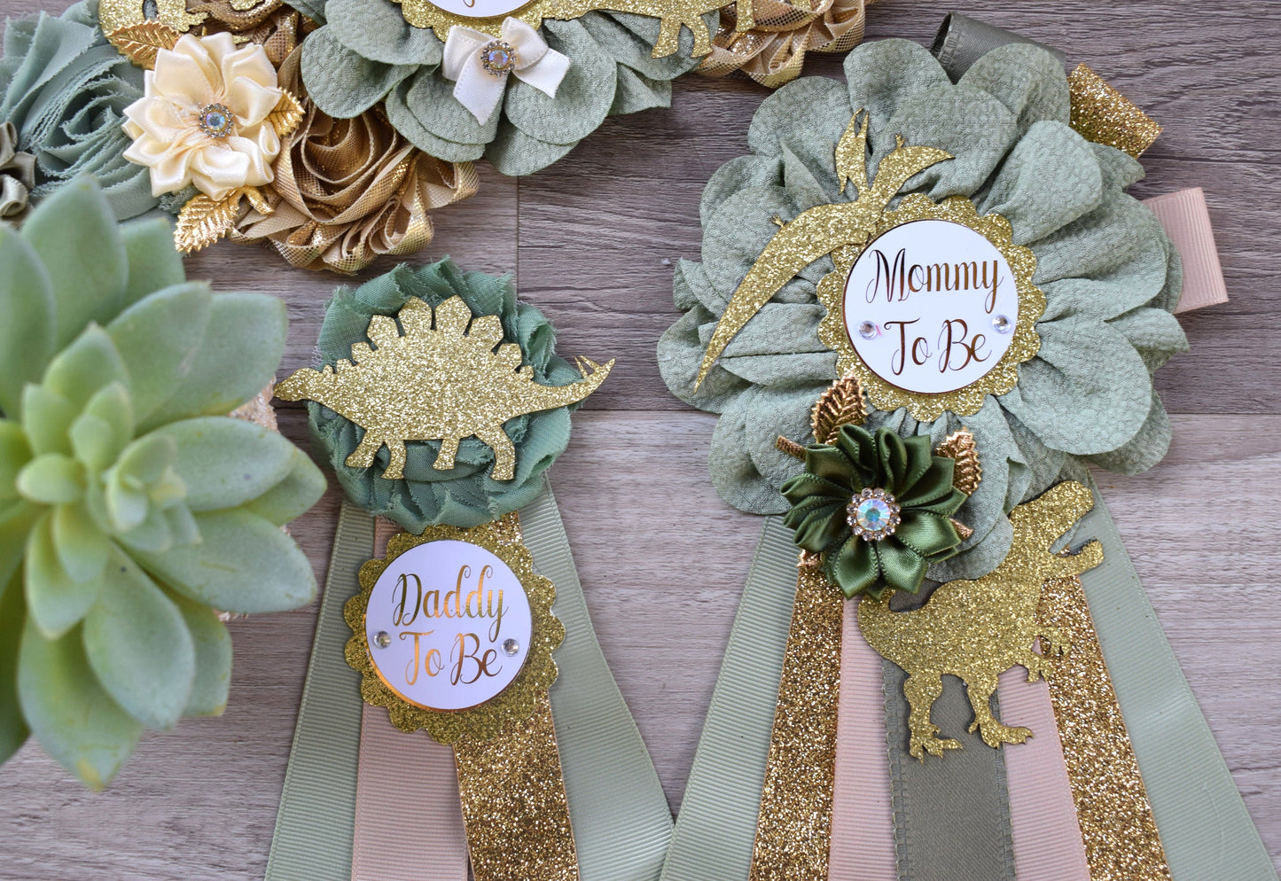 Gold Sage Dinosaur Baby Shower, Sage Green Gold Cream Mommy To Be Ribbon, Daddy To Be Pin, Greenery Gold Dinosaur Animals, Baby Shower Gift - Celebrations By Cris