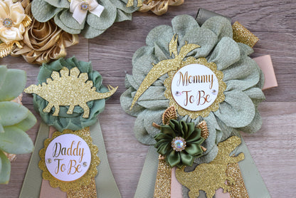 Gold Sage Dinosaur Baby Shower, Sage Green Gold Cream Mommy To Be Ribbon, Daddy To Be Pin, Greenery Gold Dinosaur Animals, Baby Shower Gift - Celebrations By Cris