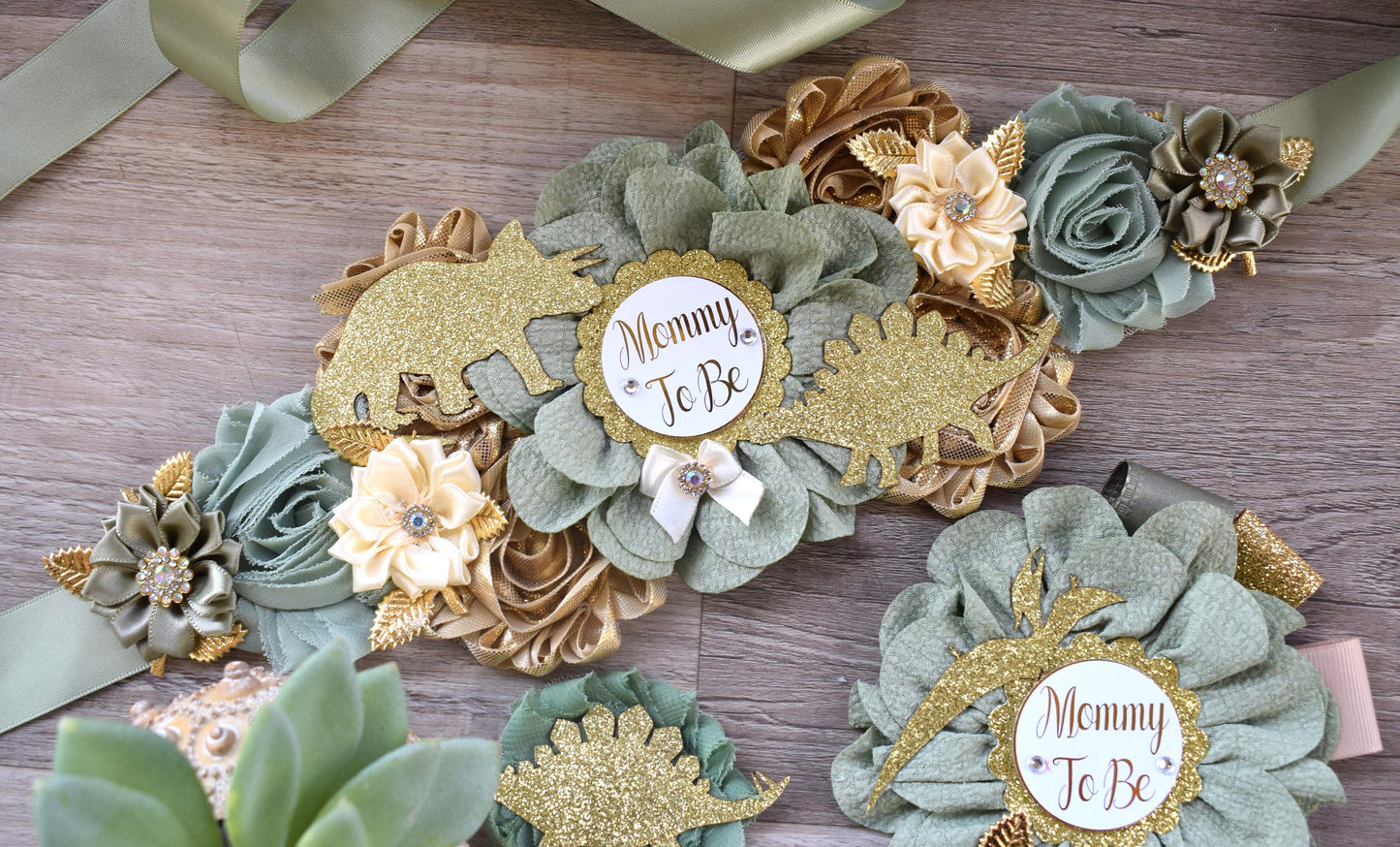 Gold Sage Dinosaur Baby Shower, Sage Green Gold Cream Mommy To Be Ribbon, Daddy To Be Pin, Greenery Gold Dinosaur Animals, Baby Shower Gift - Celebrations By Cris