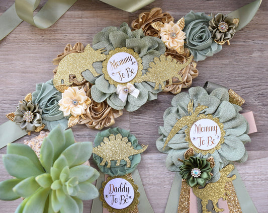 Gold Sage Dinosaur Baby Shower, Sage Green Gold Cream Mommy To Be Ribbon, Daddy To Be Pin, Greenery Gold Dinosaur Animals, Baby Shower Gift - Celebrations By Cris