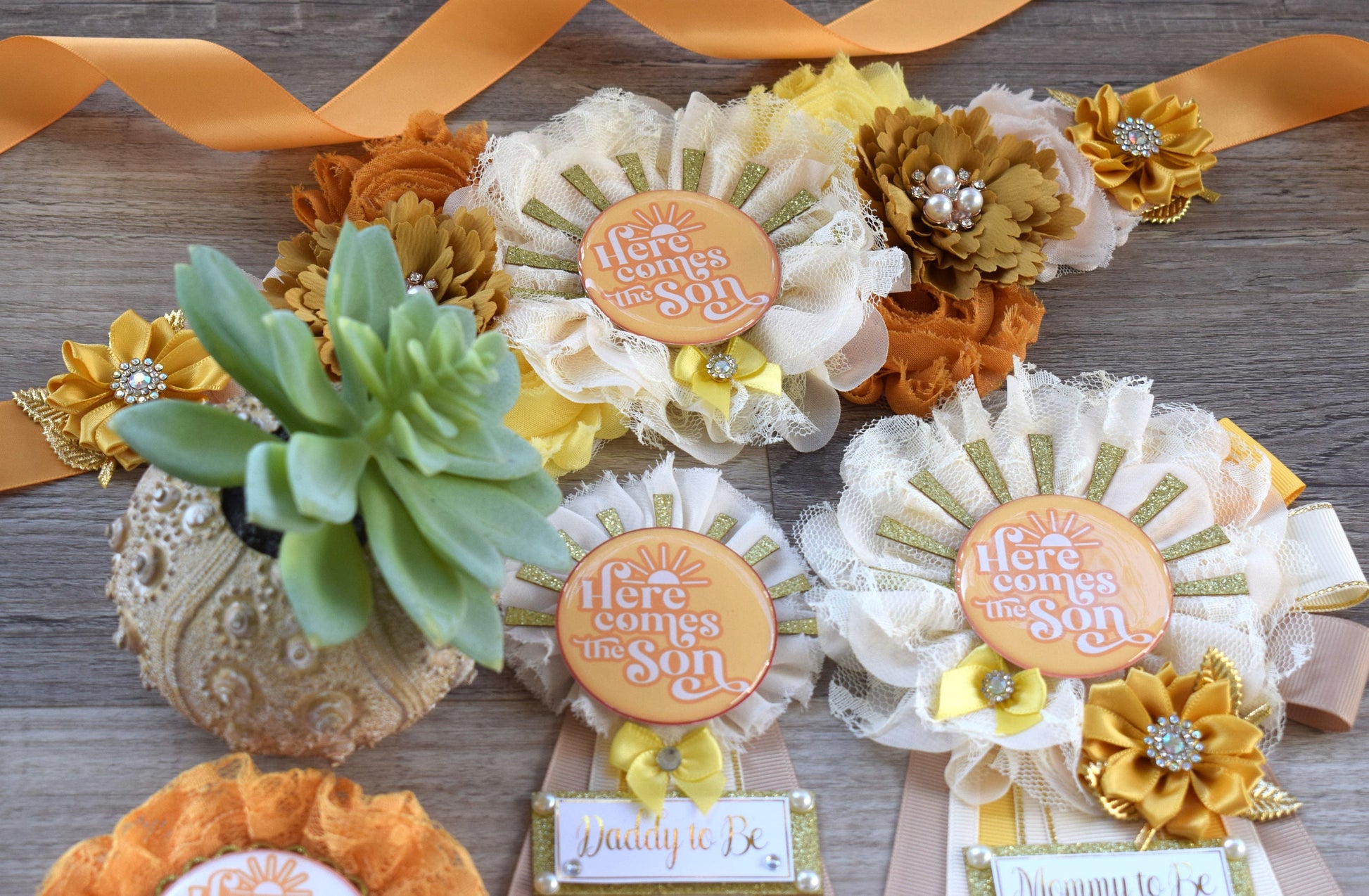 Here Come The Son Baby Shower, Neutral Yellow Ivory Maternity Sash, Mommy To Be Ribbon, Daddy To Be Pin, Gender Reveal, Here Come The Sun - Celebrations By Cris