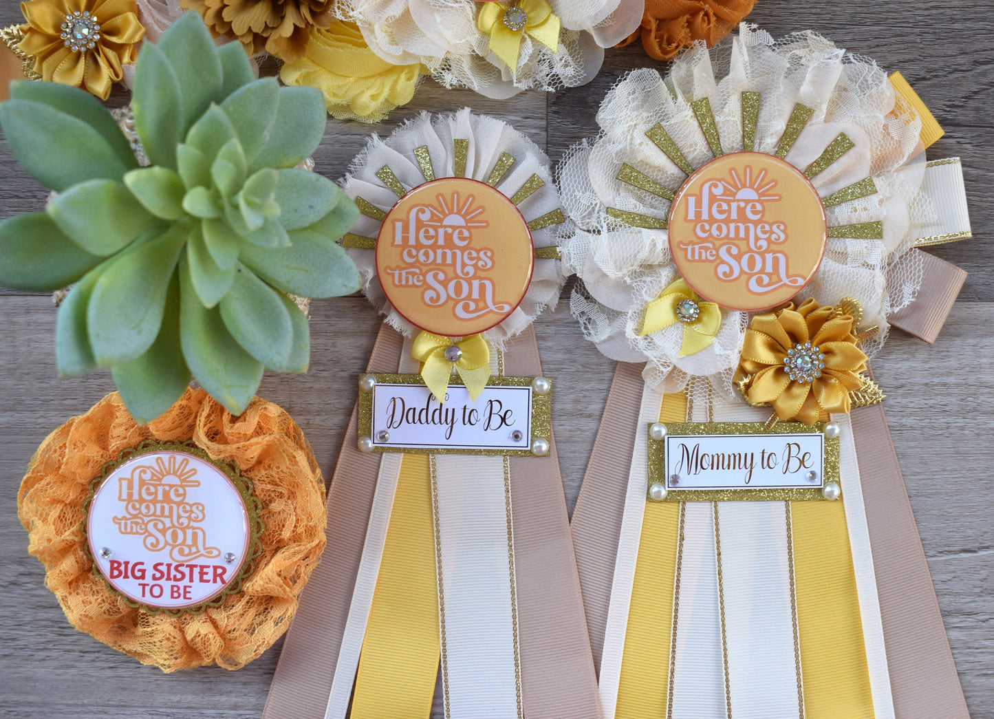 Here Come The Son Baby Shower, Neutral Yellow Ivory Maternity Sash, Mommy To Be Ribbon, Daddy To Be Pin, Gender Reveal, Here Come The Sun - Celebrations By Cris