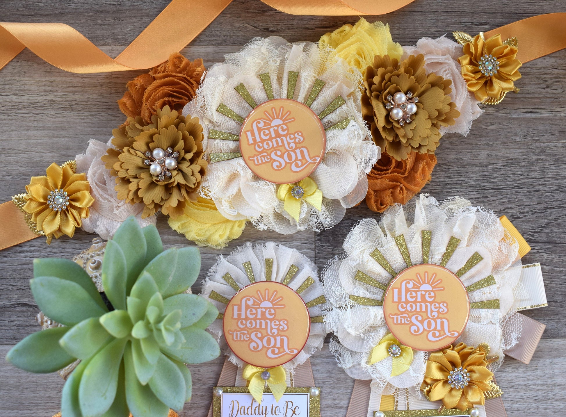 Here Come The Son Baby Shower, Neutral Yellow Ivory Maternity Sash, Mommy To Be Ribbon, Daddy To Be Pin, Gender Reveal, Here Come The Sun - Celebrations By Cris