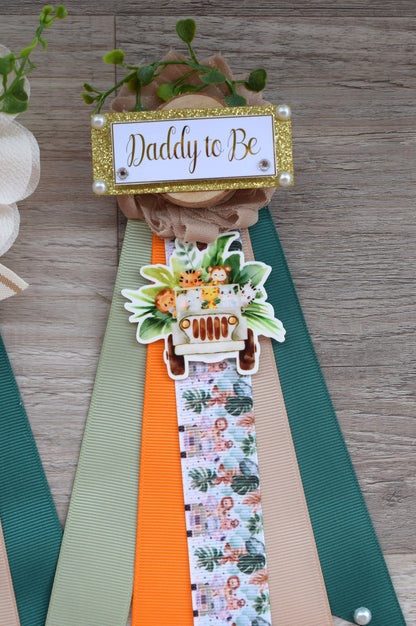 Safari Truck Baby Shower, Safari Sage Wood Maternity Sash, Animal Boho Mommy To Be Ribbon, Jungle Daddy To Be Pin, Greenery Shower, Custom - Celebrations By Cris