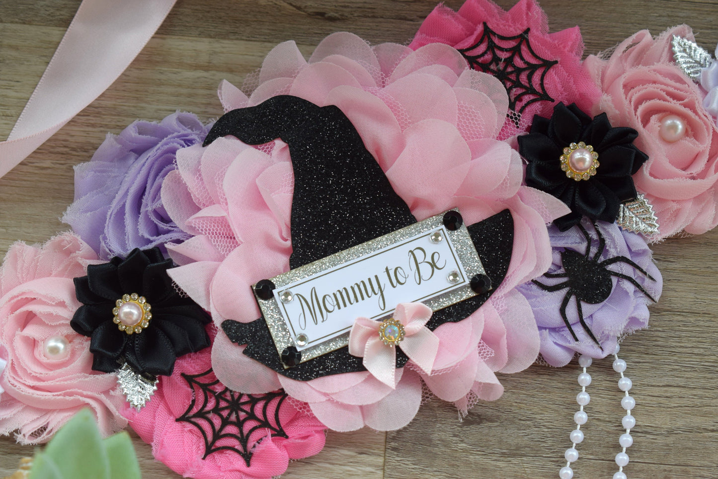 Girl Witch Halloween Baby Shower, Pink Maternity Sash, Pink Lavender Mommy To Be Ribbon, Daddy To Be Pin, Halloween Baby Shower Gift, Custom - Celebrations By Cris