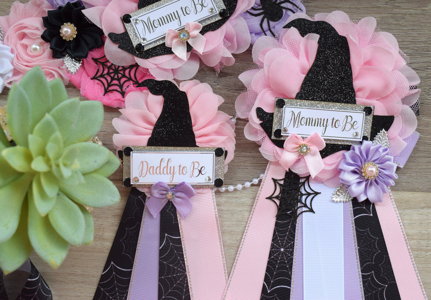 Girl Witch Halloween Baby Shower, Pink Maternity Sash, Pink Lavender Mommy To Be Ribbon, Daddy To Be Pin, Halloween Baby Shower Gift, Custom - Celebrations By Cris