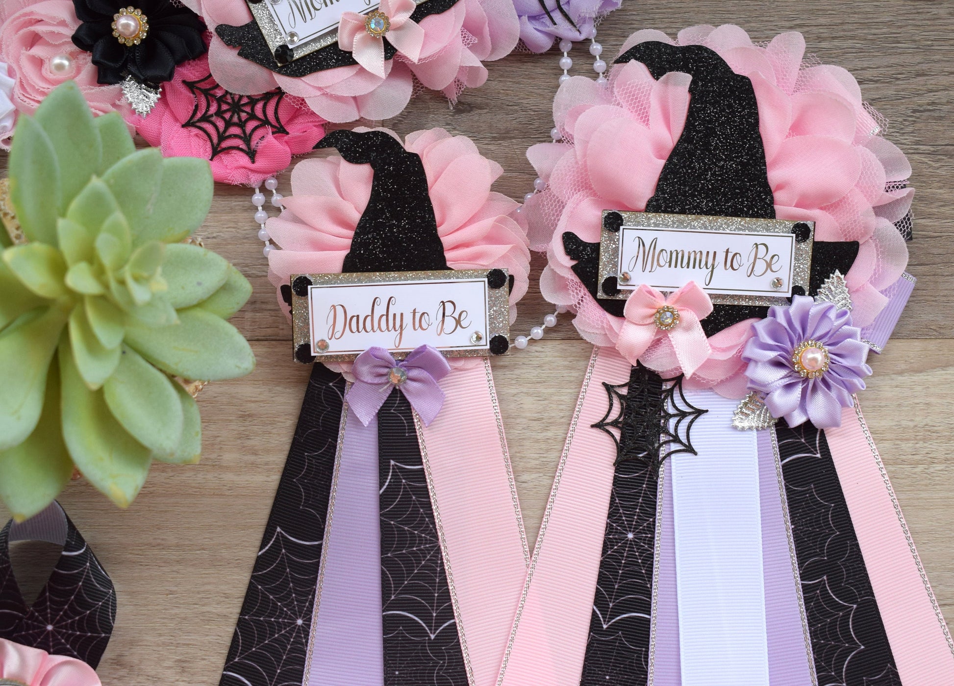 Girl Witch Halloween Baby Shower, Pink Maternity Sash, Pink Lavender Mommy To Be Ribbon, Daddy To Be Pin, Halloween Baby Shower Gift, Custom - Celebrations By Cris