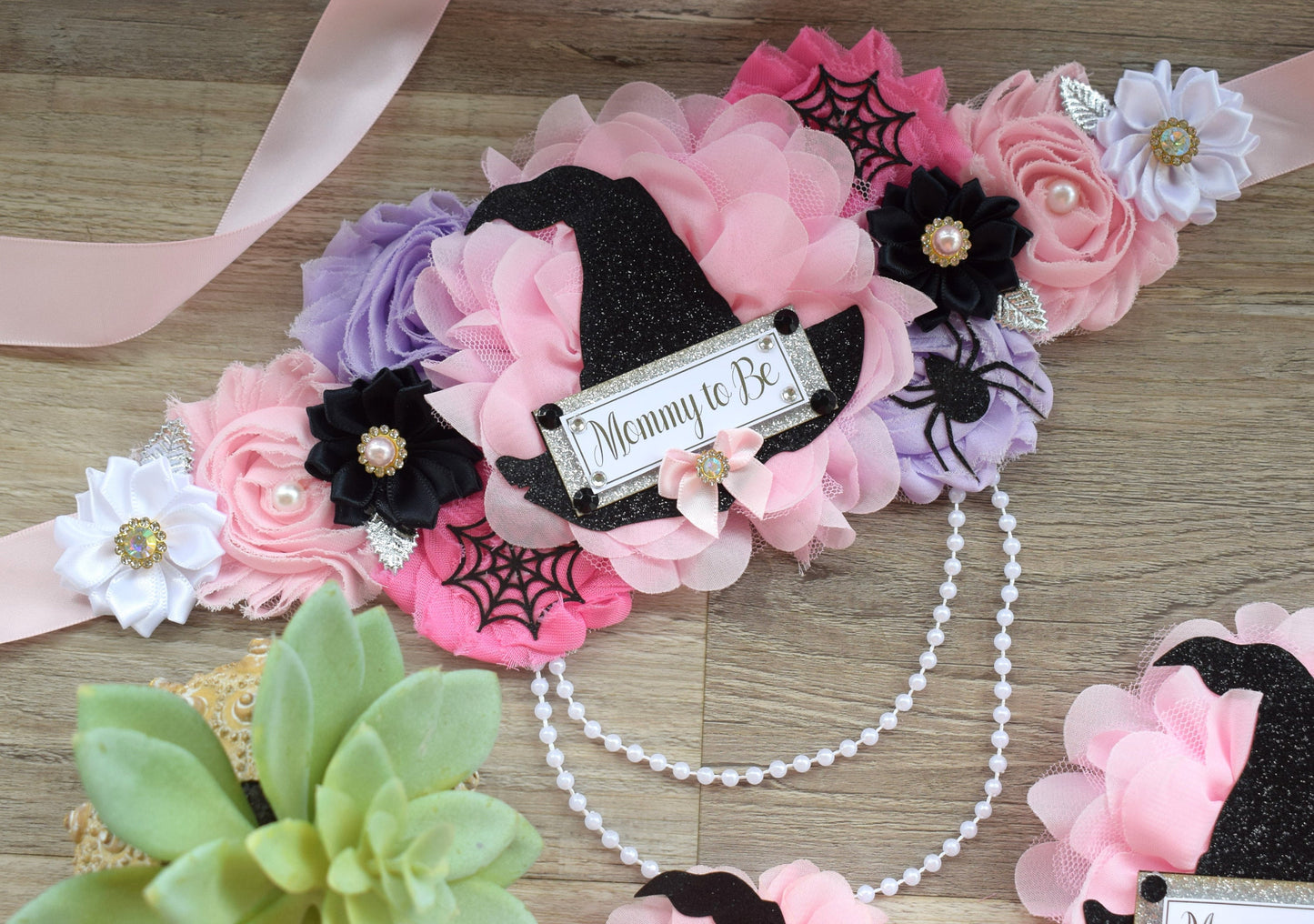 Girl Witch Halloween Baby Shower, Pink Maternity Sash, Pink Lavender Mommy To Be Ribbon, Daddy To Be Pin, Halloween Baby Shower Gift, Custom - Celebrations By Cris