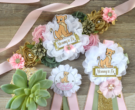 Nala Baby Shower Set, Maternity Sash, Pink Nala Maternity Sash, Lion Mommy To Be Ribbon, Daddy To Be Pin, Nala Baby Shower Gift, Custom - Celebrations By Cris