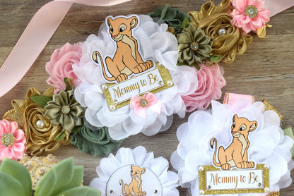 Nala Baby Shower Set, Maternity Sash, Pink Nala Maternity Sash, Lion Mommy To Be Ribbon, Daddy To Be Pin, Nala Baby Shower Gift, Custom - Celebrations By Cris