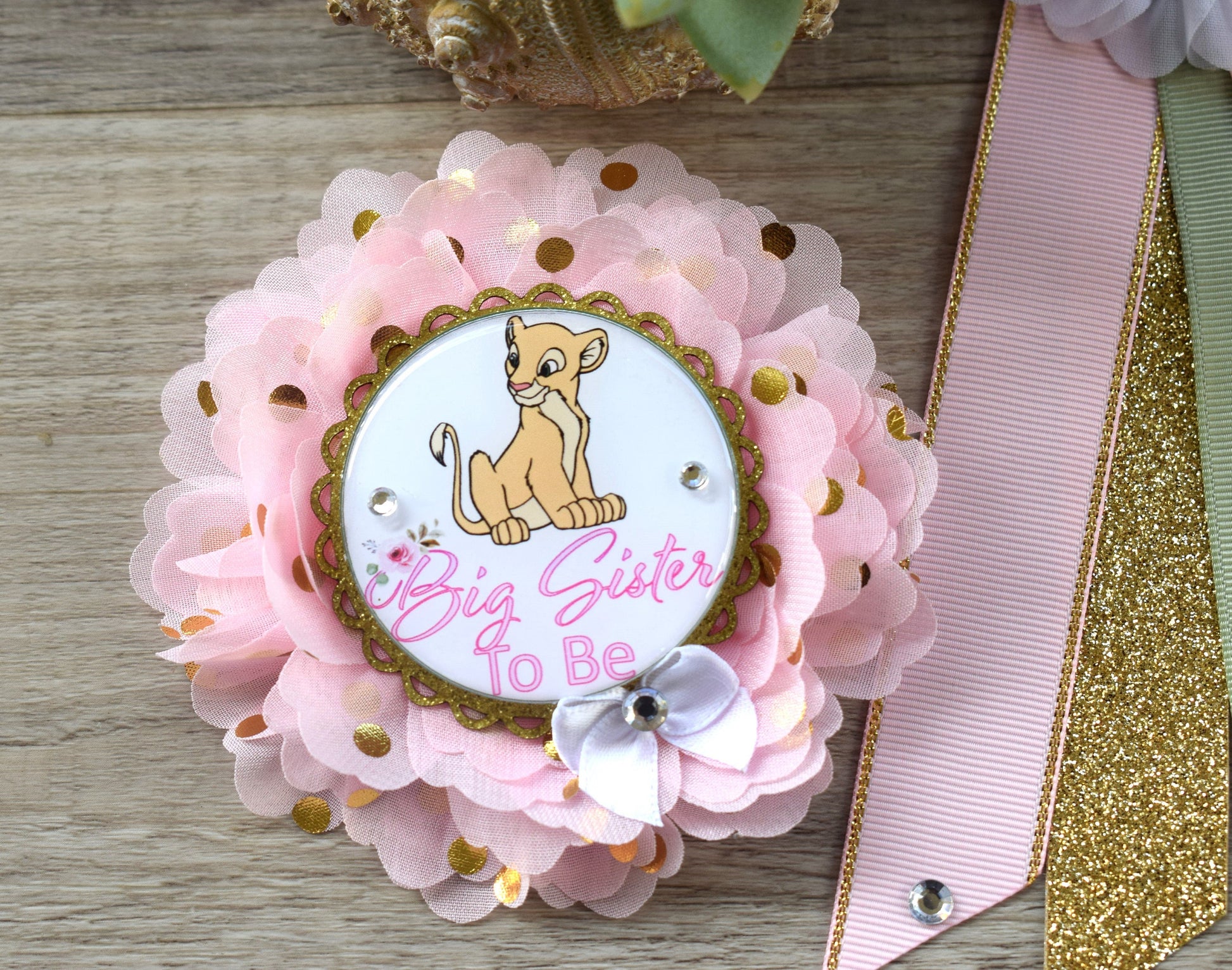 Nala Baby Shower Set, Maternity Sash, Pink Nala Maternity Sash, Lion Mommy To Be Ribbon, Daddy To Be Pin, Nala Baby Shower Gift, Custom - Celebrations By Cris