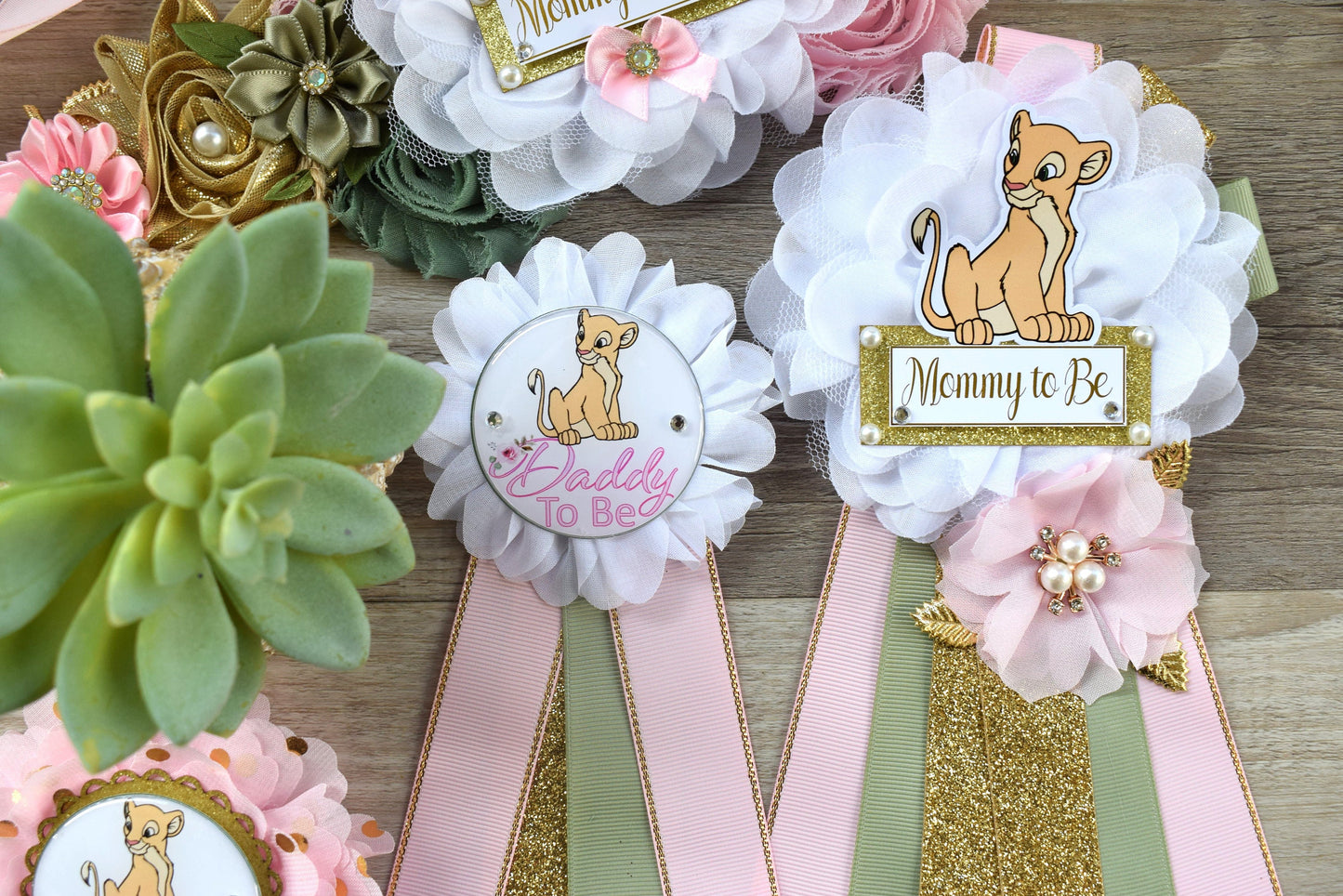 Nala Baby Shower Set, Maternity Sash, Pink Nala Maternity Sash, Lion Mommy To Be Ribbon, Daddy To Be Pin, Nala Baby Shower Gift, Custom - Celebrations By Cris