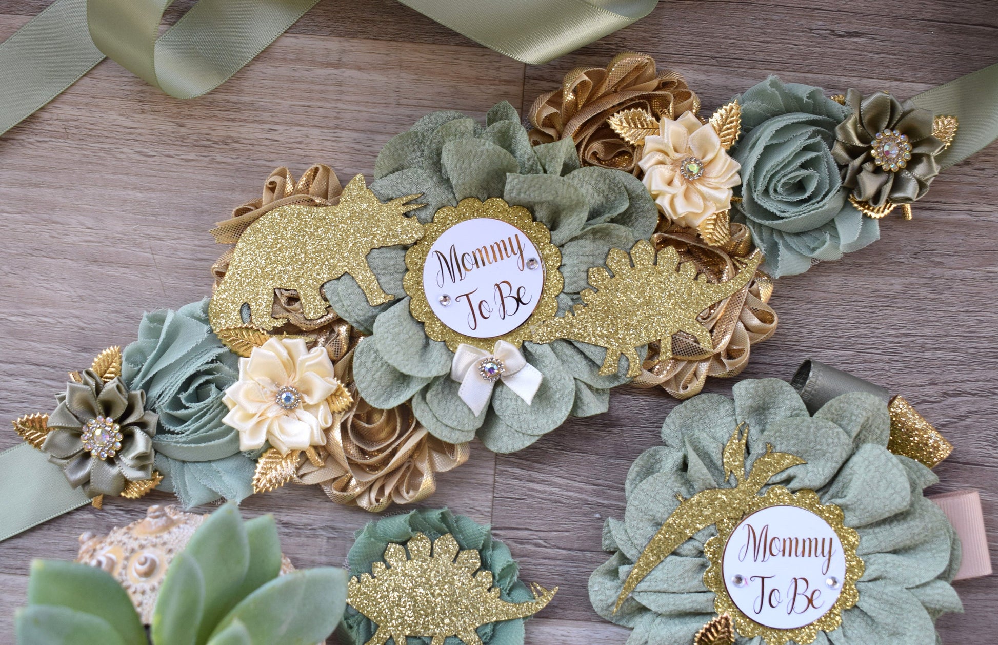 Gold Sage Dinosaur Baby Shower, Sage Green Gold Cream Mommy To Be Ribbon, Daddy To Be Pin, Greenery Gold Dinosaur Animals, Baby Shower Gift - Celebrations By Cris