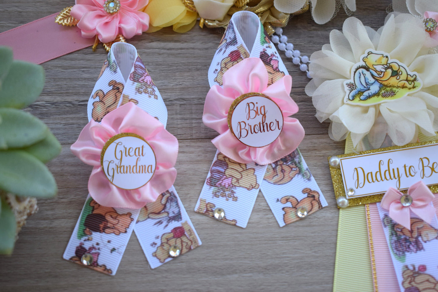 Pink Girl Winnie the Pooh Classic Baby Shower, Pink Yellow Winnie Mommy To Be Pin, Classic Winnie Mommy and Daddy Pin, Custom - Celebrations By Cris