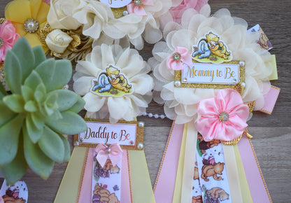 Pink Girl Winnie the Pooh Classic Baby Shower, Pink Yellow Winnie Mommy To Be Pin, Classic Winnie Mommy and Daddy Pin, Custom - Celebrations By Cris