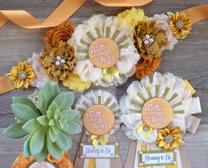 Here Come The Son Baby Shower, Neutral Yellow Ivory Maternity Sash, Mommy To Be Ribbon, Daddy To Be Pin, Gender Reveal, Here Come The Sun - Celebrations By Cris