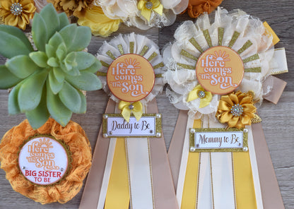 Here Come The Son Baby Shower, Neutral Yellow Ivory Maternity Sash, Mommy To Be Ribbon, Daddy To Be Pin, Gender Reveal, Here Come The Sun - Celebrations By Cris