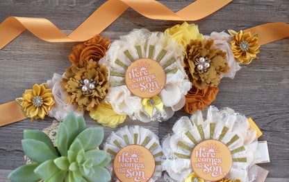 Here Come The Son Baby Shower, Neutral Yellow Ivory Maternity Sash, Mommy To Be Ribbon, Daddy To Be Pin, Gender Reveal, Here Come The Sun - Celebrations By Cris