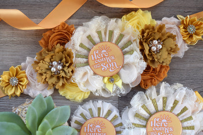 Here Come The Son Baby Shower, Neutral Yellow Ivory Maternity Sash, Mommy To Be Ribbon, Daddy To Be Pin, Gender Reveal, Here Come The Sun - Celebrations By Cris