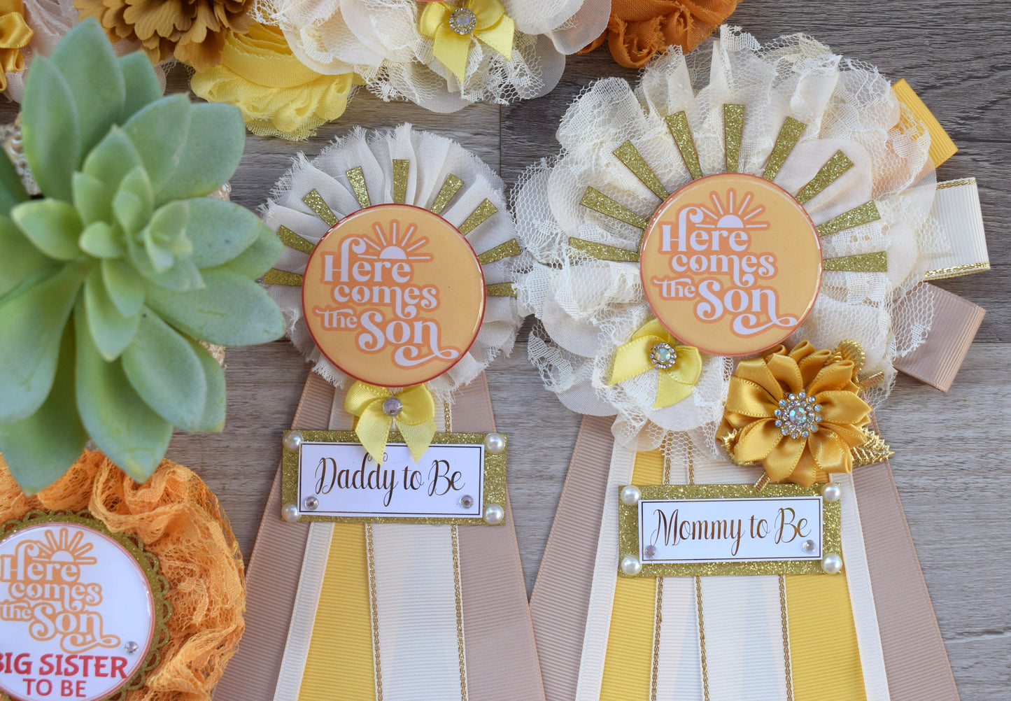 Here Come The Son Baby Shower, Neutral Yellow Ivory Maternity Sash, Mommy To Be Ribbon, Daddy To Be Pin, Gender Reveal, Here Come The Sun - Celebrations By Cris