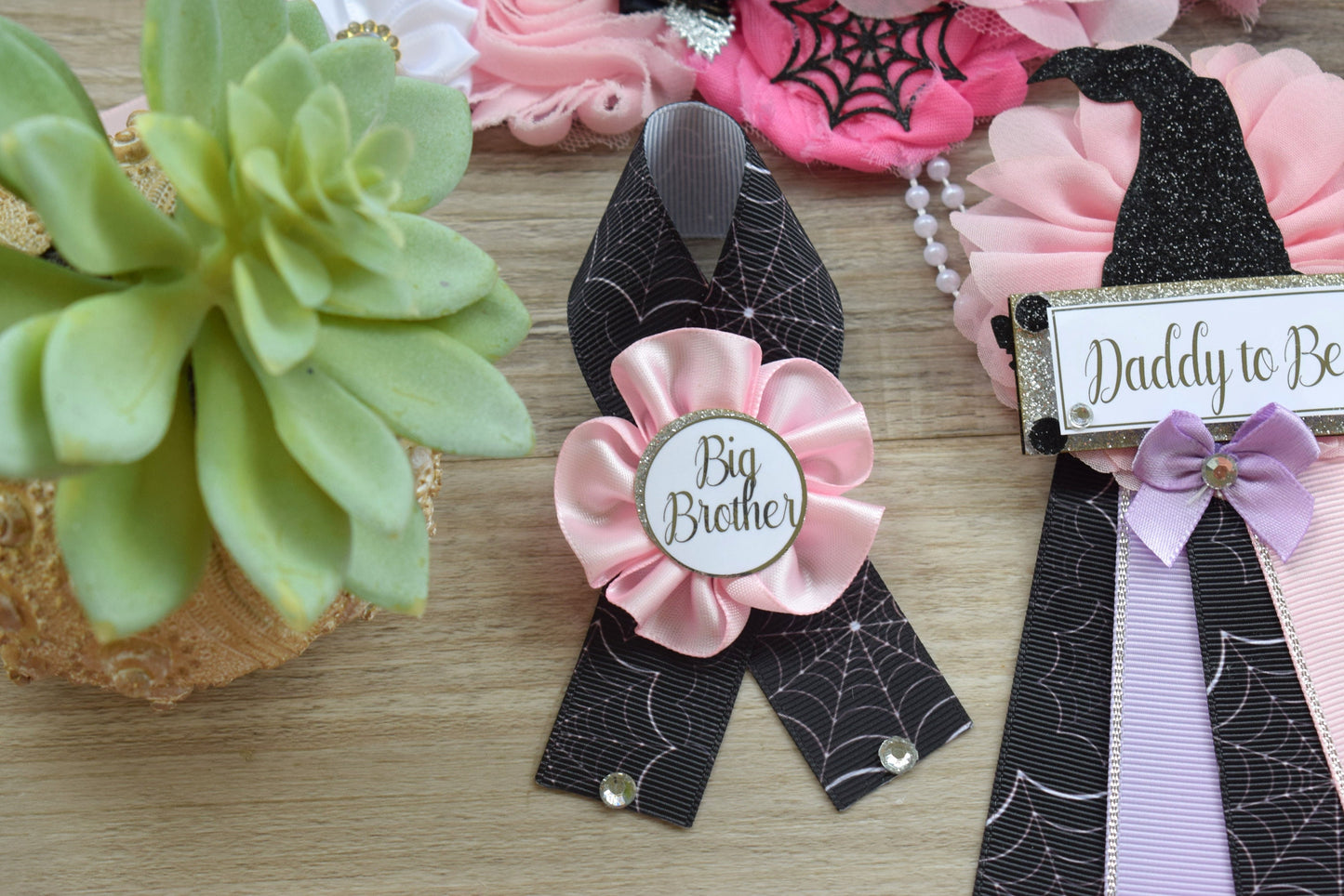 Girl Witch Halloween Baby Shower, Pink Maternity Sash, Pink Lavender Mommy To Be Ribbon, Daddy To Be Pin, Halloween Baby Shower Gift, Custom - Celebrations By Cris