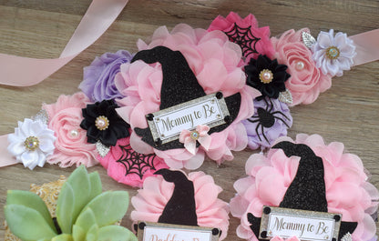 Girl Witch Halloween Baby Shower, Pink Maternity Sash, Pink Lavender Mommy To Be Ribbon, Daddy To Be Pin, Halloween Baby Shower Gift, Custom - Celebrations By Cris