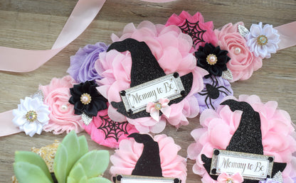 Girl Witch Halloween Baby Shower, Pink Maternity Sash, Pink Lavender Mommy To Be Ribbon, Daddy To Be Pin, Halloween Baby Shower Gift, Custom - Celebrations By Cris