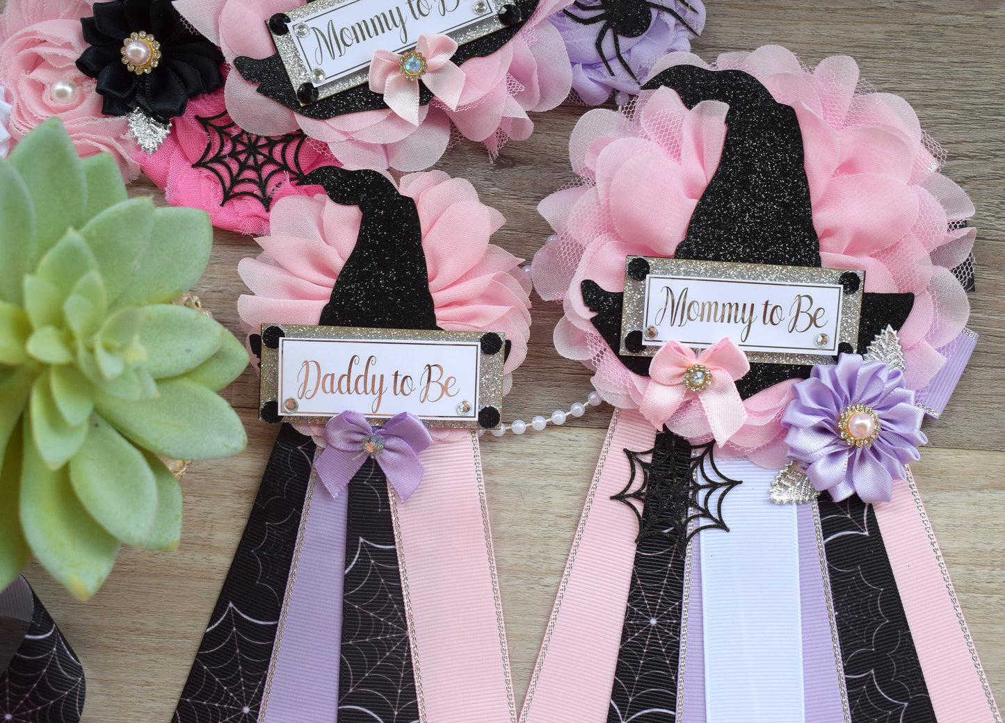 Girl Witch Halloween Baby Shower, Pink Maternity Sash, Pink Lavender Mommy To Be Ribbon, Daddy To Be Pin, Halloween Baby Shower Gift, Custom - Celebrations By Cris