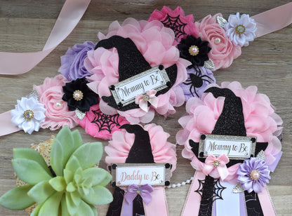 Girl Witch Halloween Baby Shower, Pink Maternity Sash, Pink Lavender Mommy To Be Ribbon, Daddy To Be Pin, Halloween Baby Shower Gift, Custom - Celebrations By Cris