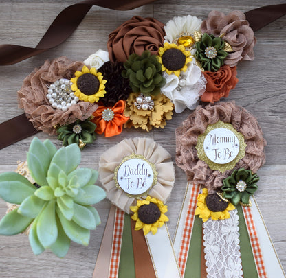 Fall Autumn Baby Shower, Autumn Maternity Sash, Mommy To Be Ribbon Pin, Daddy To Be Pin, Thanksgiving Sash Sunflower, Autumn Baby Shower - Celebrations By Cris