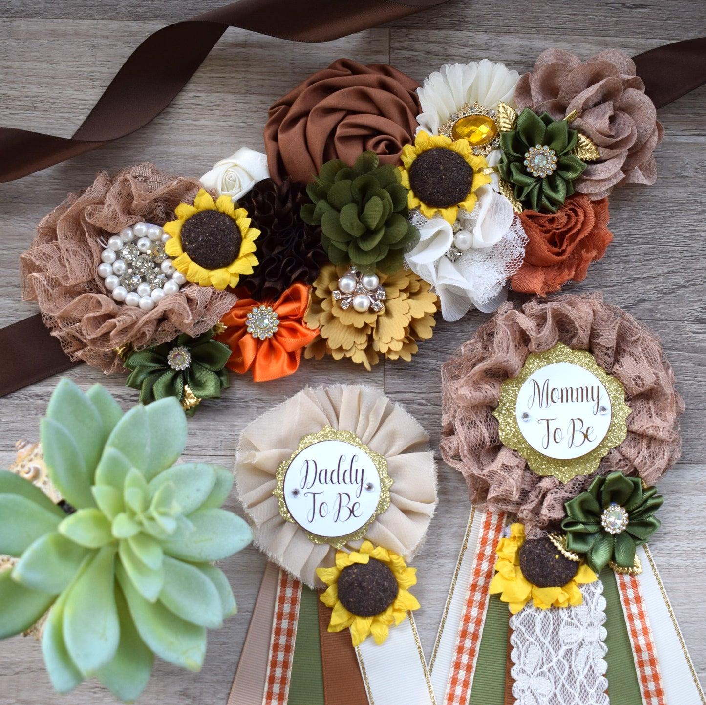 Fall Autumn Baby Shower, Autumn Maternity Sash, Mommy To Be Ribbon Pin, Daddy To Be Pin, Thanksgiving Sash Sunflower, Autumn Baby Shower - Celebrations By Cris