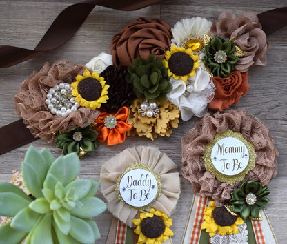 Fall Autumn Baby Shower, Autumn Maternity Sash, Mommy To Be Ribbon Pin, Daddy To Be Pin, Thanksgiving Sash Sunflower, Autumn Baby Shower - Celebrations By Cris