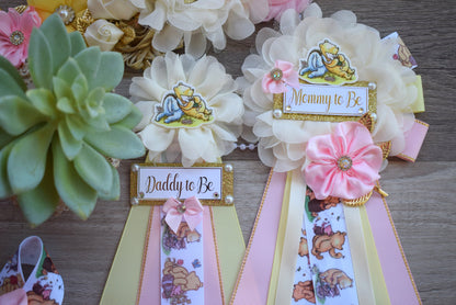 Pink Girl Winnie the Pooh Classic Baby Shower, Pink Yellow Winnie Mommy To Be Pin, Classic Winnie Mommy and Daddy Pin, Custom - Celebrations By Cris