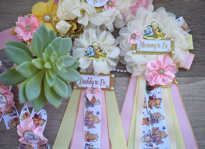 Pink Girl Winnie the Pooh Classic Baby Shower, Pink Yellow Winnie Mommy To Be Pin, Classic Winnie Mommy and Daddy Pin, Custom - Celebrations By Cris