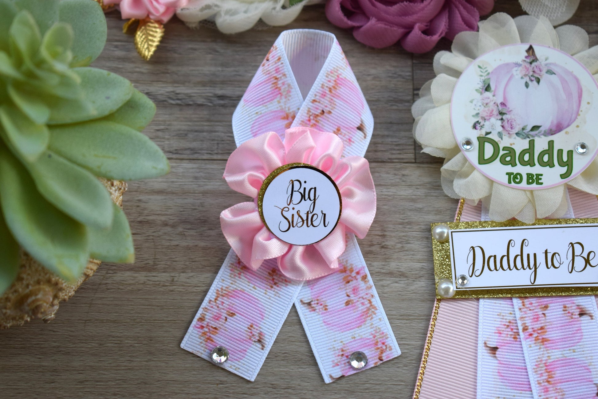 Pink Girl Pumpkin Baby Shower, Pastel Pink Maternity Sash, Pink Mommy To Be Ribbon, Pumpkin Daddy To Be Pin, Pink Baby Shower Present - Celebrations By Cris