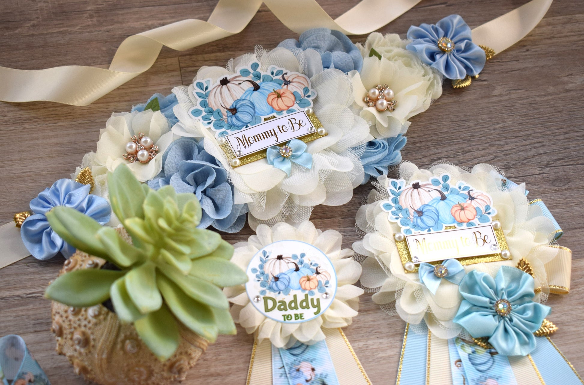 Blue Boy Pumpkin Baby Shower, Pastel Blue Maternity Sash, Blue Mommy To Be Ribbon, Pumpkin Daddy To Be Pin, Blue Boy Baby Shower Present - Celebrations By Cris