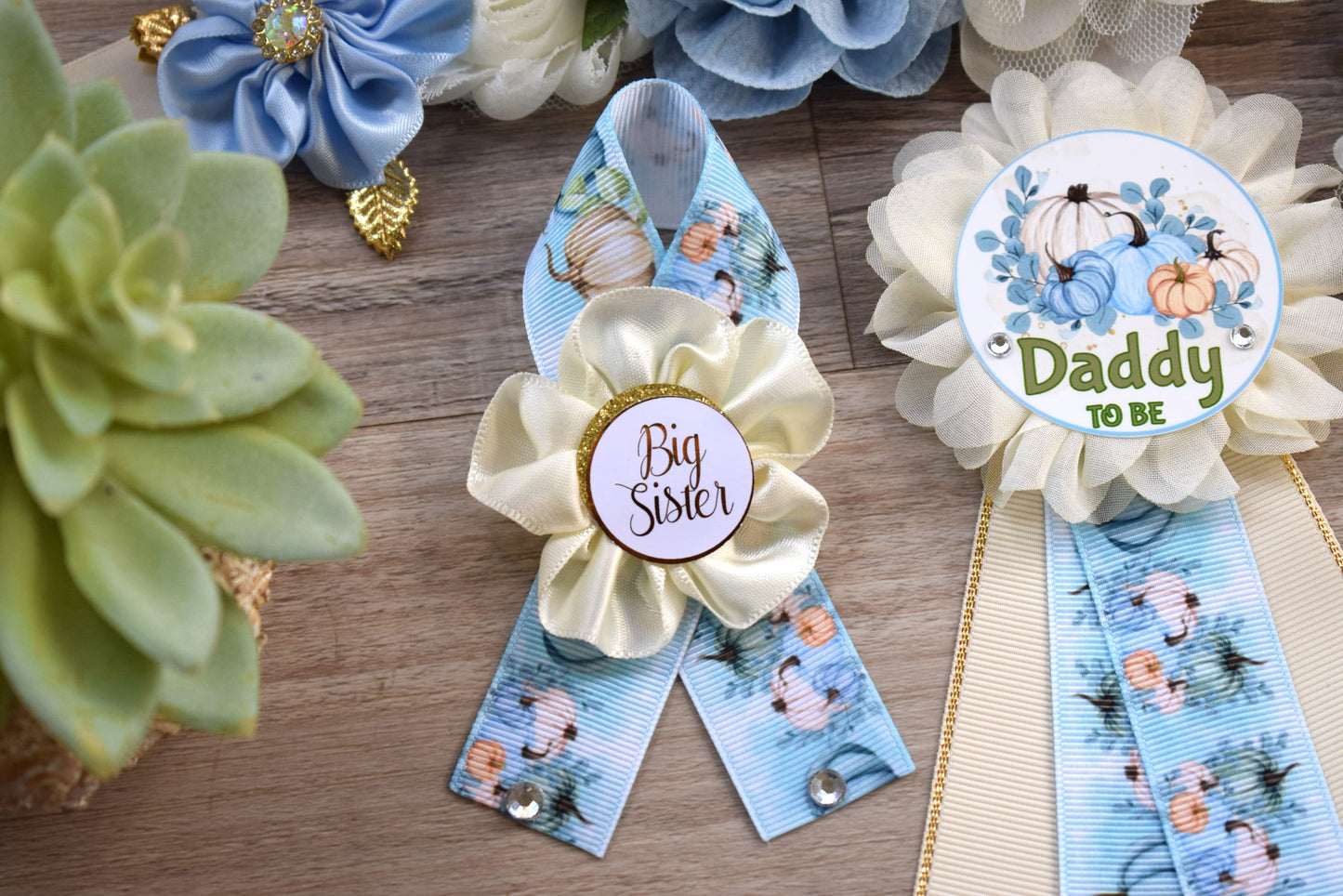 Blue Boy Pumpkin Baby Shower, Pastel Blue Maternity Sash, Blue Mommy To Be Ribbon, Pumpkin Daddy To Be Pin, Blue Boy Baby Shower Present - Celebrations By Cris