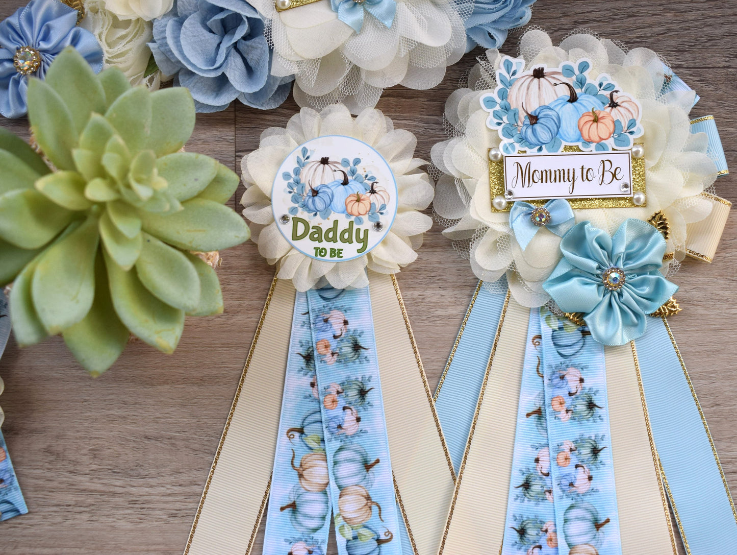 Blue Boy Pumpkin Baby Shower, Pastel Blue Maternity Sash, Blue Mommy To Be Ribbon, Pumpkin Daddy To Be Pin, Blue Boy Baby Shower Present - Celebrations By Cris