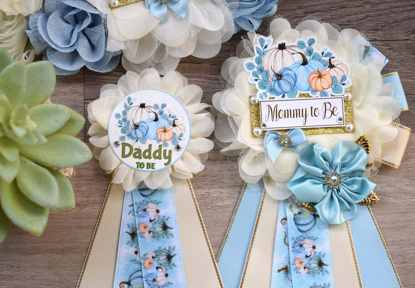 Blue Boy Pumpkin Baby Shower, Pastel Blue Maternity Sash, Blue Mommy To Be Ribbon, Pumpkin Daddy To Be Pin, Blue Boy Baby Shower Present - Celebrations By Cris