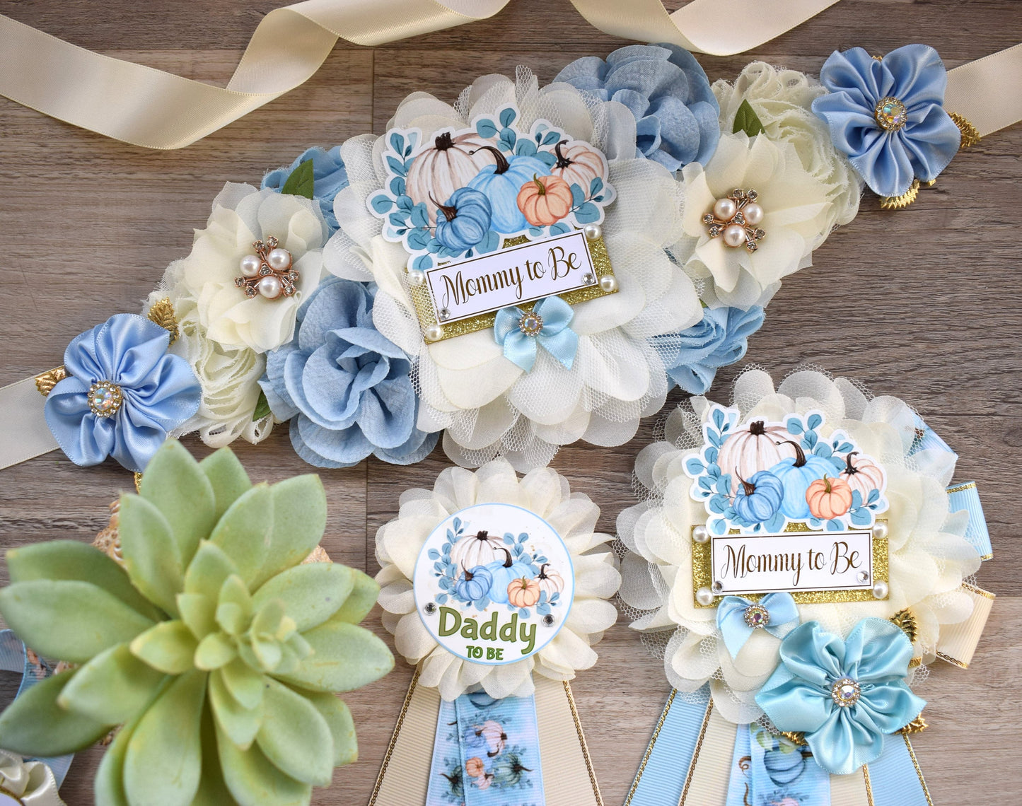 Blue Boy Pumpkin Baby Shower, Pastel Blue Maternity Sash, Blue Mommy To Be Ribbon, Pumpkin Daddy To Be Pin, Blue Boy Baby Shower Present - Celebrations By Cris