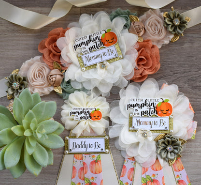 Cutest Little Pumpkin In The Patch Baby Shower, Ivory Orange Sage Maternity Sash, Pumpkin Mommy To Be Ribbon, Pumpkin Daddy To Be Pin