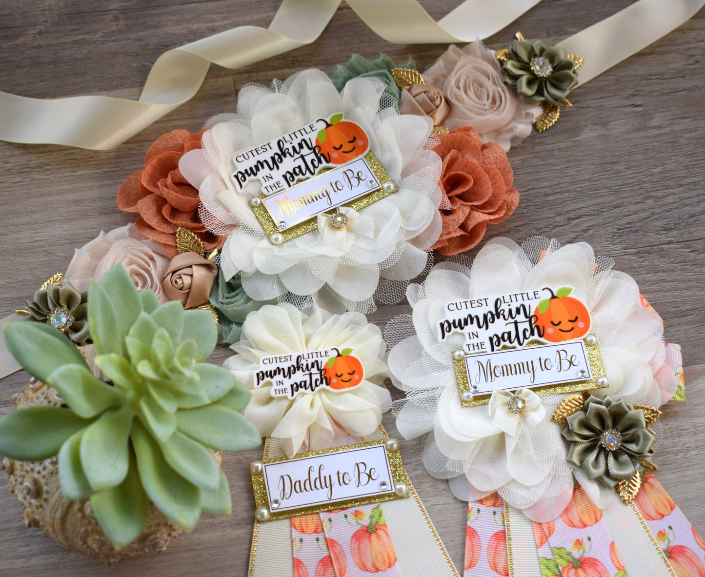 Cutest Little Pumpkin In The Patch Baby Shower, Ivory Orange Sage Maternity Sash, Pumpkin Mommy To Be Ribbon, Pumpkin Daddy To Be Pin