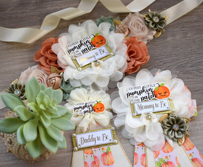 Cutest Little Pumpkin In The Patch Baby Shower, Ivory Orange Sage Maternity Sash, Pumpkin Mommy To Be Ribbon, Pumpkin Daddy To Be Pin