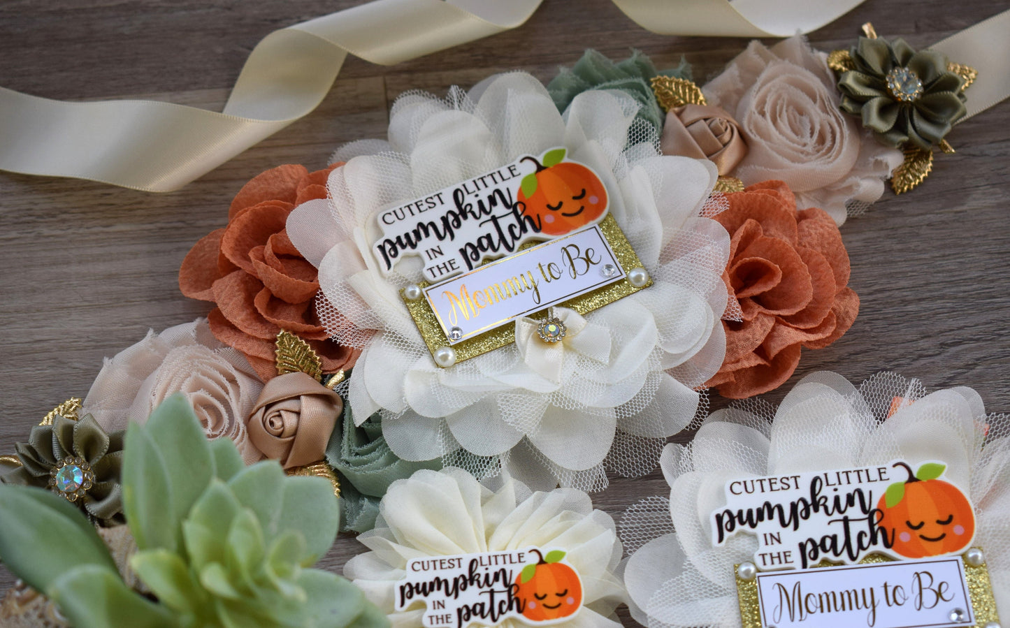 Cutest Little Pumpkin In The Patch Baby Shower, Ivory Orange Sage Maternity Sash, Pumpkin Mommy To Be Ribbon, Pumpkin Daddy To Be Pin