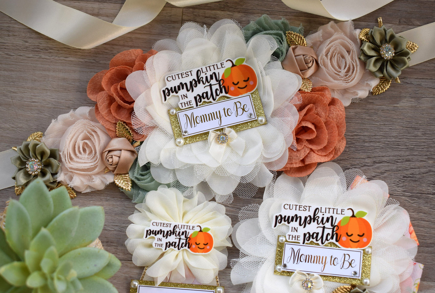 Cutest Little Pumpkin In The Patch Baby Shower, Ivory Orange Sage Maternity Sash, Pumpkin Mommy To Be Ribbon, Pumpkin Daddy To Be Pin